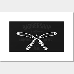 Barbershop print with razor blades. Monochrome retro design. Posters and Art